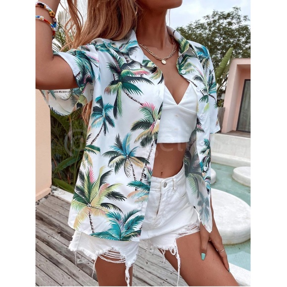 Short Sleeve Button Down Short Tropical Print Palm Leaves White - Picture 6 of 7